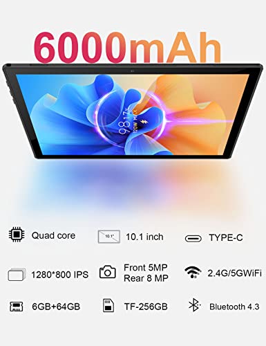 Tablet 10.1 inch Android 11 Tablet 2022 Latest Update Quad-core Processor 6GB RAM 64GB ROM(256GB Expandable), Dual 8MP+5MP Camera, WiFi, Bluetooth, IPS Full HD Display (Black)