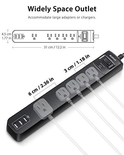 2 Pack Power Strip Surge Protector - 5 Widely Spaced Outlets 3 USB Charging Ports, 1875W/15A with 6Ft Braided Extension Cord, Flat Plug, Overload Surge Protection, Wall Mount for Home Office