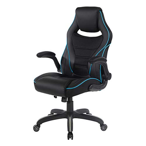 OSP Home Furnishings Xeno Ergonomic Adjustable Faux Leather Gaming Chair with Integrated Headrest and Airflow Cooling Material, Black with Blue Accents