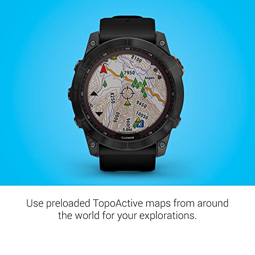 Garmin fenix 7X Sapphire Solar, Larger adventure smartwatch, with Solar Charging Capabilities, rugged outdoor watch with GPS, touchscreen, wellness features, carbon gray DLC titanium with black band