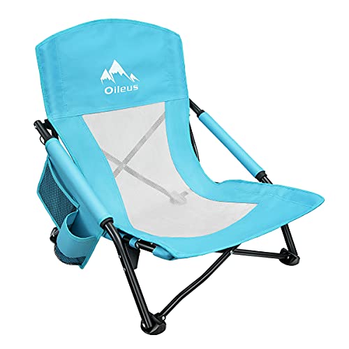 Oileus Low Beach Chair for Beach Tent & Shelter & Camping | Outdoor Ultralight Backpacking Folding Recliner Chairs with Cup Holder and Storage Bag, Carry Bag, Breeze Mesh Back, Compact Duty Blue 1 Pcs