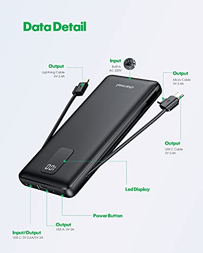 Portable Charger with Built-in Cables, Charmast 10000mah Power Bank, 5 Output Ultra Slim LED Display, Built-in AC Plug, USB C & Micro, Three Cables Integrated Battery Pack for iPhone Samsung iPad