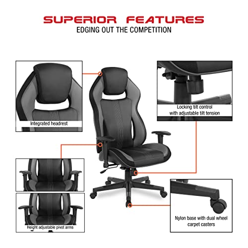 OSP Home Furnishings BOA II Ergonomic Adjustable High Back Gaming Chair with Thick Padded Coil Spring Seat, Built-in Lumbar Support and Headrest, Black with Red Accents