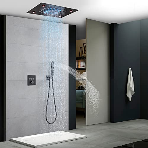 Matte Black 3 Functions Thermostatic Rain Shower Faucet Fixture Combo Set 14 X 20 Inch LED Waterfall Rainfall Shower Head with Hand Shower Rough-in Can Use All Options at A Time