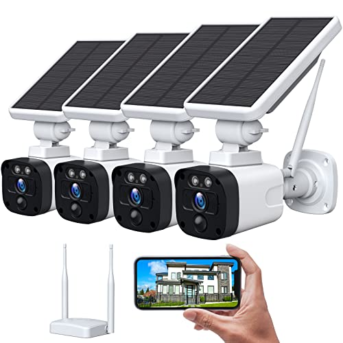 [3MP Night Vision+Motion Detection] Wireless Solar Security Camera System for Home Outdoor (4 Cameras with Base Station), 2-Way Audio, APP Remote, IP65 Waterproof, SD/Cloud Storage