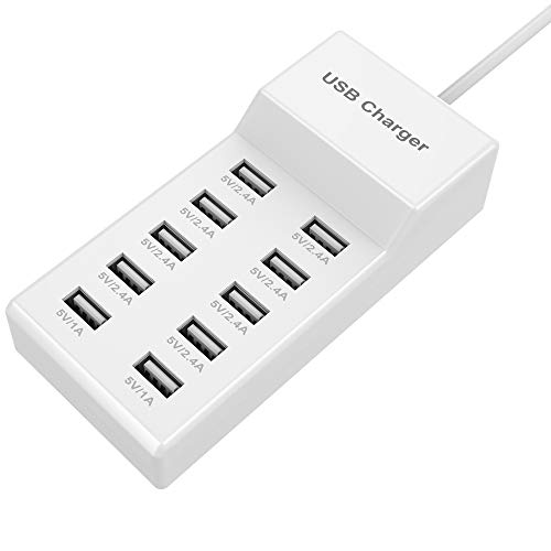 USB Wall Charger 10-Port USB Charger Station with Rapid Charging Auto Detect Technology Safety Guaranteed Family-Sized Smart USB Ports for Multiple Devices Smart Phone Tablet Laptop Computer