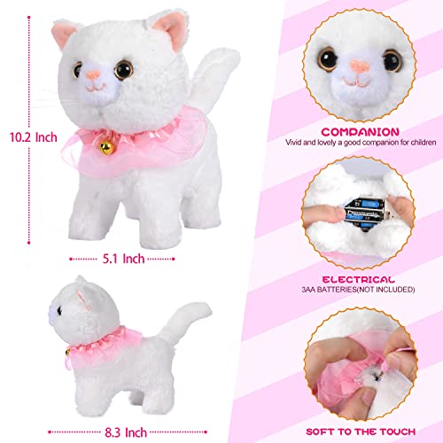 Remote Control Electronic Plush Cat Toy Pet for Girls Kids Interactive Toys, Walks, Barks, Pretend Dress Up Realistic Stuffed Animal for Age 3 4 5+ Years Old Best Gift (Cat-White)