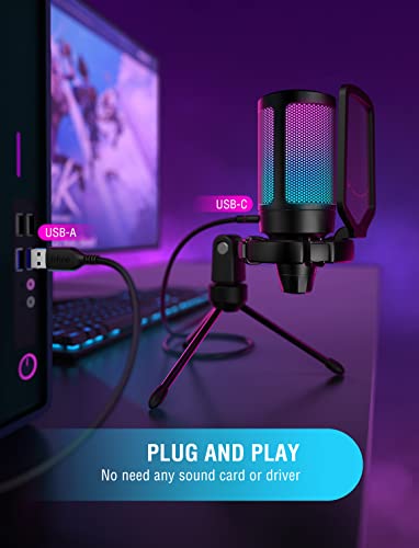 Gaming USB Microphone for PC PS5, FIFINE Condenser Mic with Quick Mute, RGB Indicator, Tripod Stand, Pop Filter, Shock Mount, Gain Control for Streaming Discord Twitch Podcasts Videos- AmpliGame