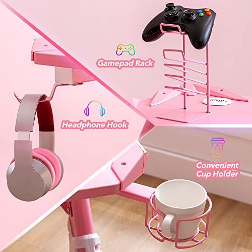 S*MAX Pink Gaming Desk and Pink Gaming Chair Adjustable High Back Ergonomic Gaming Desk with LED Lights