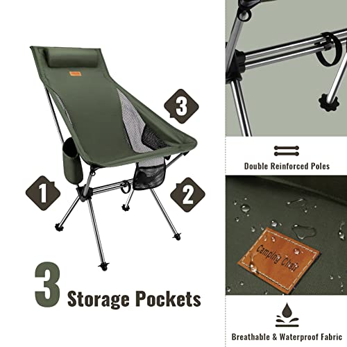 Matekxy High Back Camping Chair Lightweight Portable Folding Chair with Pillow, Side Pocket, Carry Bag for Outdoor Camping Fishing Backpacking Lawn & Beach (Army Green)