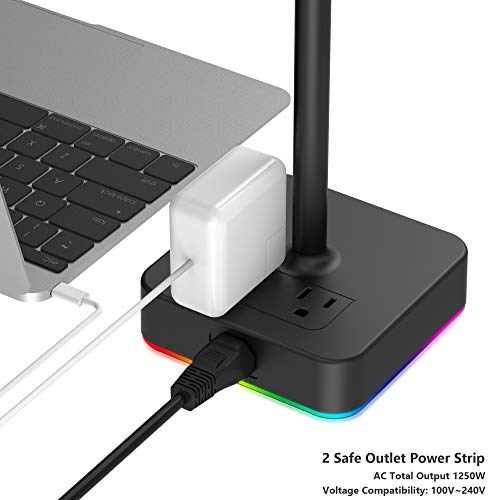 KAFRI RGB Headphone Stand with USB A&C Charger Desk Gaming Headset Holder Hanger Rack with 3 USB Charging Port and 2 Outlet - Suitable for Gamer Desktop Table Game Earphone Accessories Boyfriend Gifts