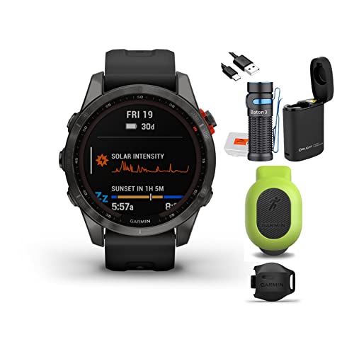 Garmin Fenix 7S Solar Smartwatch (Slate Gray with Black Band) with Premium USB Flashlight, Running Dynamics Pod and Speed Sensor 2 Bundle (4 Items)