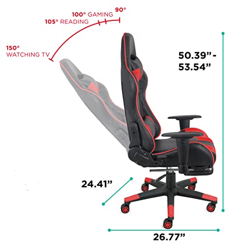 COMFTY Gaming Chair with Fold-Away Footrest, Height Adjustable Gamer Chair & Support Pillows and 2D T-Armrests Deluxe Leather Reclining Office Chair, Black/Red