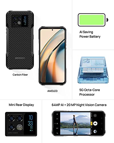 5G Rugged Smartphone Unlocked DOOGEE V20 (2022) 6.43'' AMOLED DotDisplay, 64MP and 20MP Night Vision Camera, 6000mAh, 8GB+256GB Android 11 Unlocked Cell Phone, IP68 Waterproof Rugged Cell Phone, NFC