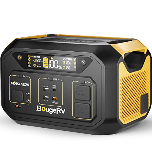 BougeRV Flash300 Portable Power Station 286Wh, 600W Solar Generator (Solar Panel Optional), Recharge 0-90% in 30 Mins., 2x600W(Peak 1200W) AC Outlets, Portable Power Supply for Outdoor, Camping, RV