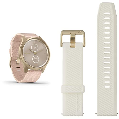 Garmin vivomove Style, Hybrid Smartwatch with Real Watch Hands and Hidden Color Touchscreen Displays, Gold with Pink Woven Nylon Band & Quick Release Band, 20mm, White with Light Gold Hardware