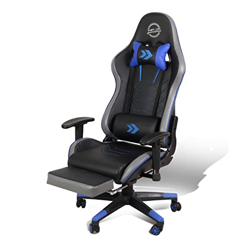 NRG Innovations NRG-RSC-G100BL RSC-G100BL Office Adjustable Armrest, Pull Out Leg Rest, 170 Degree Reclinable, Lumbar Support, Neck Pillow, Computer Chair Gaming Seat (Blue Trim)