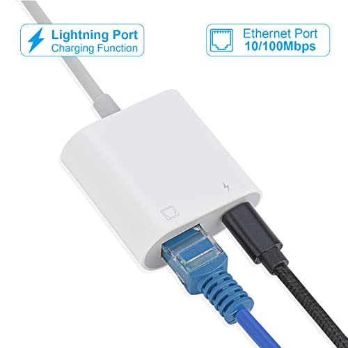 Lightning to Ethernet Adapter,2 in 1 RJ45 Ethernet LAN Network Adapter with Charging Port for Phone,Pad 10/100Mbps High Speed,Plug and Play