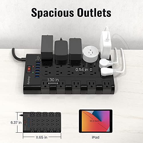 Power Strip, SUPERDANNY Surge Protector with 22 AC Outlets and 6 USB Charging Ports, 1875W/15A, 2100 Joules, 6.5Ft Flat Plug Heavy Duty Extension Cord for Home, Office, Dorm, Gaming Room, Black