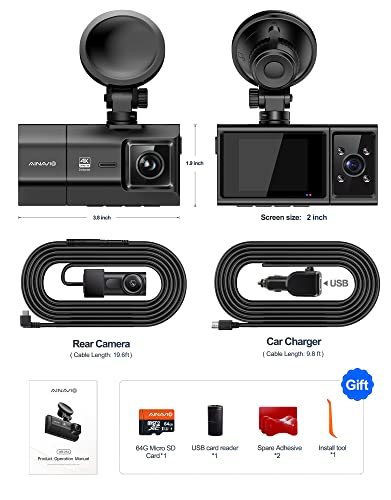 3 Channel 4K Dash Cam for Cars, 4K+2.5K Front and Rear Cabin, 1440P+1440P+1080P Triple Car Camera,Included 64GB Card, with GPS and WiFi Wireless , IPS Screen,24 Hour Parking Mode, APP,Night Vision,WDR