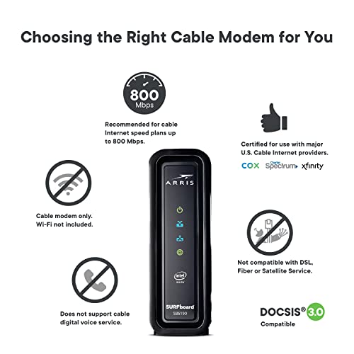 ARRIS SURFboard SB6190 DOCSIS 3.0 Cable Modem, Approved for Cox, Spectrum, Xfinity & others (Black), 800 Mbps Internet Plan