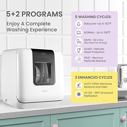 COMFEE' Countertop Dishwasher, Portable Dishwasher with 6L Built-in Water Tank, Mini Dishwasher with More Space Inside, 7 Programs, UV Hygiene& Auto Door Open, for Apartments, Dorms& RVs