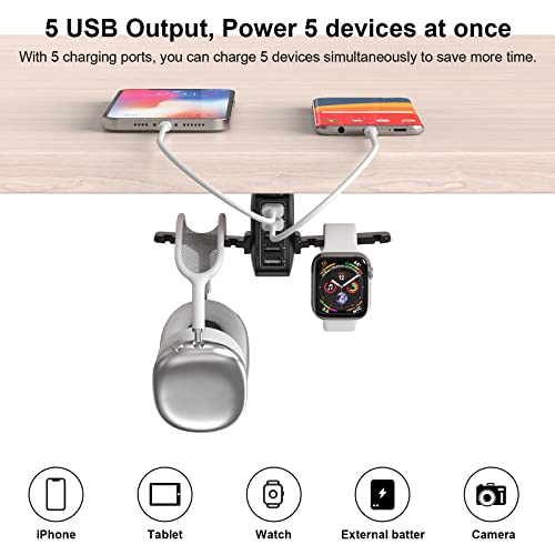 PC Gaming Headphone Headset Hook Hanger Holder Stand Mount, HORUMP Dual Headset Holder Under Desk with 5 Ports USB Charging Station, Headphone Stand with Cable Clip Organizer