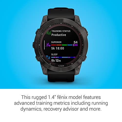 Garmin fenix 7X Sapphire Solar, Larger adventure smartwatch, with Solar Charging Capabilities, rugged outdoor watch with GPS, touchscreen, wellness features, carbon gray DLC titanium with black band