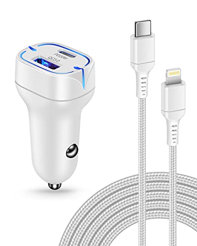 USB C Lightning Cord with 38W iPhone Car Charger for Apple 14 Pro Max 14Pro 13 12 11 10 SE X XR XS 8 7 6 6s Plus, iPad Pro, iPad Air, Airpods, Lighter Adapter Block - USB-C Braided Lightning Cable