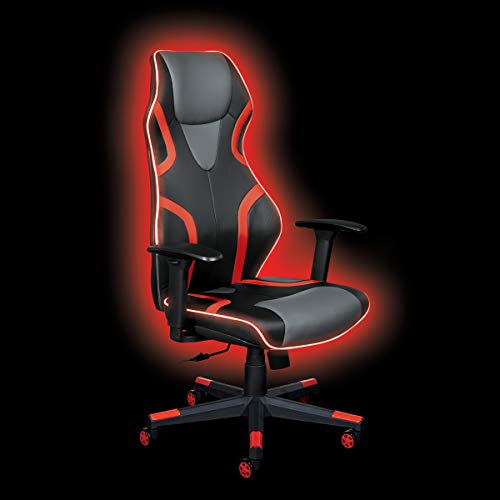 OSP Home Furnishings Rogue High-Back LED Lit Gaming Chair, Black Faux Leather with Red Trim and Accents