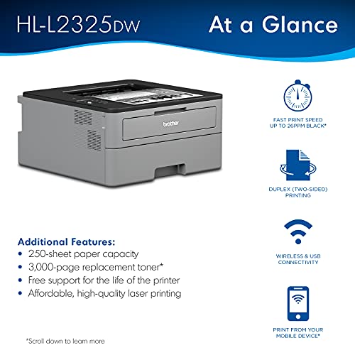 Brother L-2325DW Series Compact Monochrome Laser Printer I Wireless I Mobile Printing I Auto 2-Sided Printing I Print Up to 26 Pages/min I 250-sheet/tray I 1-line LCD Display + Printer Cable