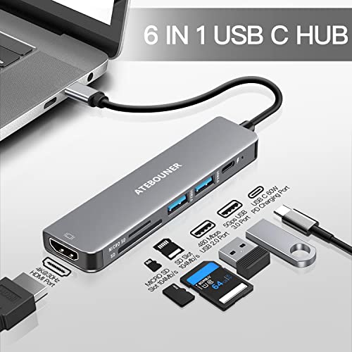 ATEBOUNER USB C Hub,6 in 1 USB C to HDMI Multiport Adapter with 4K HDMI, USB 3.0 / USB 2.0,USB C 100W PD Charging and Micro SD/SD Card Reader for MacBook, iPad Pro, XPS, Samsung Phones and More