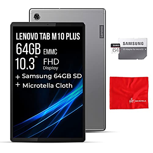 Lenovo Tab M10 Plus Tablet, 64GB eMMC ROM, 4GB RAM, MediaTek Helio P22T Octa-Core Processor, 10.3" FHD Display, Android 9.0 Pie, 5000 mAh Battery, Extra Memory Samsung 64GB SD, and Microtella Cloth