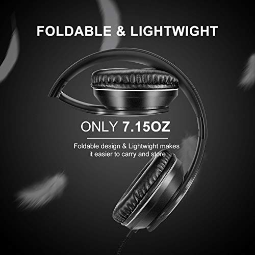 LORELEI X6 Over-Ear Headphones with Microphone, Lightweight Foldable & Portable Stereo Bass Headphones with 1.45M No-Tangle, Wired Headphones for Smartphone Tablet MP3 / 4 (Space Black)