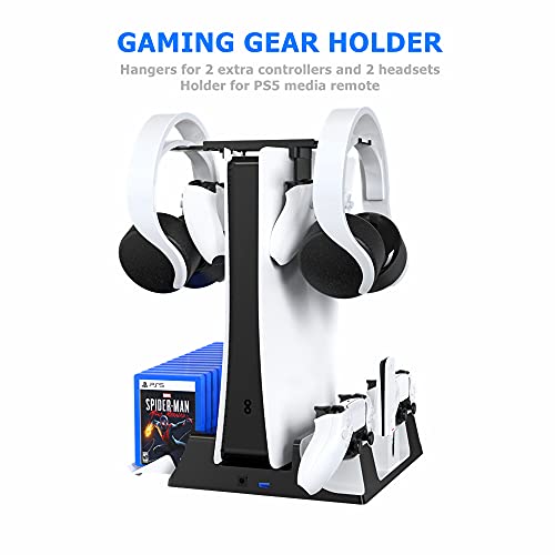 EJGAME PS5 Stand with Suction Cooling Fan and Dual Controller Charger Station Compatible with PS5 Console and PS5 Digital Edition, Built-in Headset Holder,Media Remote Stand and14 Game Rack Organizer