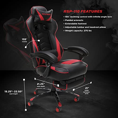 RESPAWN 110 Ergonomic Gaming Chair with Footrest Recliner - Racing Style High Back PC Computer Desk Office Chair - 360 Swivel, Adjustable Lumbar Support, Headrest Pillow, Padded Armrests - 2019 Red