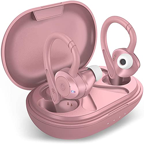 COMISO Wireless Earbuds, True Wireless in Ear Bluetooth 5.0 with Microphone, Deep Bass, IPX7 Waterproof Loud Voice Sport Earphones with Charging Case for Outdoor Running Gym Workout (Pink)