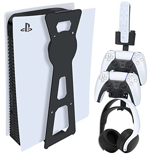 PS5 Holder Wall Mount Stand - Playstation 5 Game Controller Holder Wall Shelf Play Station 5 Console Digital and Disc Edition - PS5 Wall Mount Kit Including 2 Accessory Holders for Remote Controller&Headphone Set