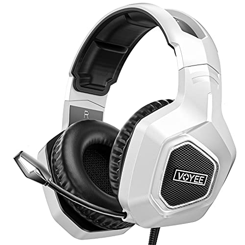 Gaming Headset for Xbox One PC PS5 PS4, VOYEE Noise Isolation Stereo Over Ear Game Headphones with Microphone/LED Light/Bass Surround/Soft Memory Earmuffs (White)