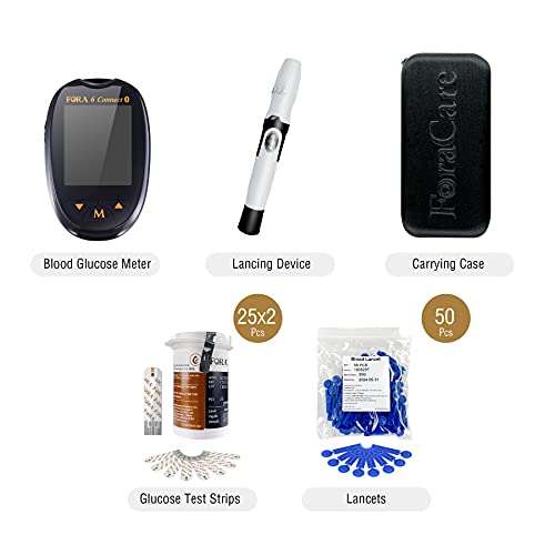 FORA 6 Connect Blood Glucose Set with 1 Meter, 50 Test Strips, 50 Lancets, Painless Design Lancing Device, Carry Case, Accurate Blood Sugar Measurement for Diabetes