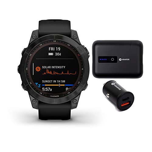 Garmin Fenix 7 Sapphire Solar GPS Smartwatch Power Bundle with Kratos Power Mini 10,000mAh Portable Power Bank and Kratos Power 36W 2-Port PD Mini Car Charger (3 Items)