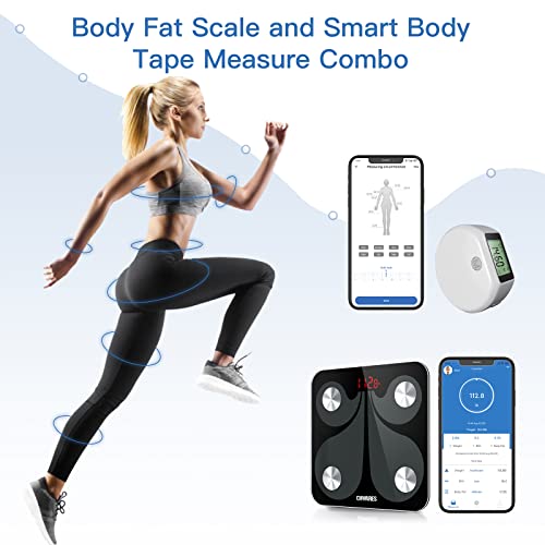 【Body Fat Scale and Smart Body Tape Measure Combo】via Bluetooth Phone App, Digital Bathroom Scales for Weight, Body Fat, BMI, Body Composition, Digital Measuring Tape for Fitness Body Measurement