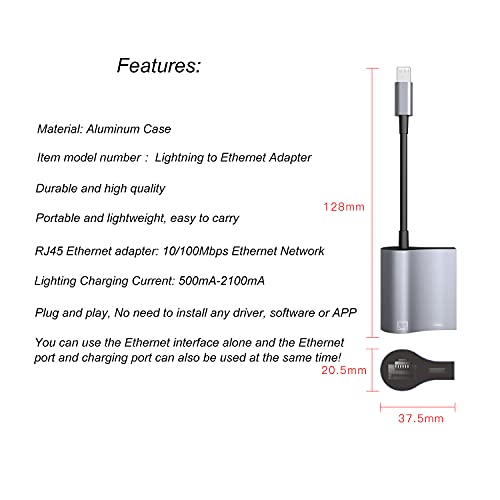 Lightning to Ethernet Adapter, [Apple MFi Certified] 2 in 1 RJ45 Ethernet LAN Network Adapter with Charge Port Compatible with iPhone/iPad/iPod, Plug and Play, Supports 100Mbps Ethernet Network