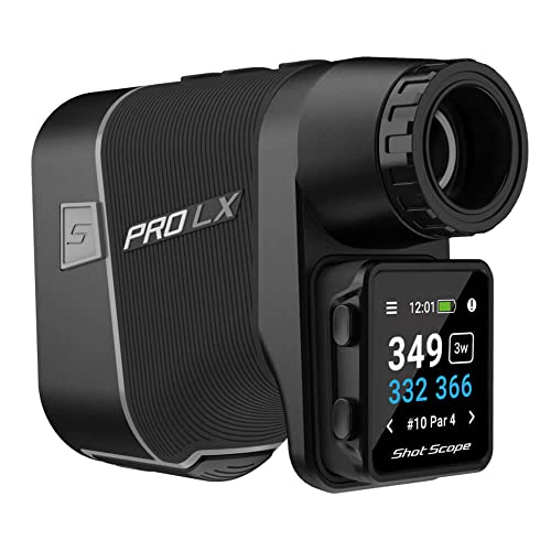 Shot Scope PRO LX+ Laser Rangefinder with Shot Tracking (Gray) - F/M/B Green and Hazard Distances - 100+ Statistics Including Strokes Gained - Adaptive Slope Technology - Red and Black Dual Optics