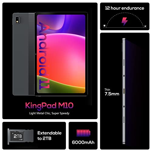 VASTKING KingPad M10 10.36 Inch Android 11 Tablet, 4G LTE Phone Calls, 2K Resolution, Octa Core, 4GB RAM, 128GB Storage, 5Ghz WiFi, GPS, 13MP Camera, Full Metal Uni-Body, Cellular + WiFi, Mystic Gray