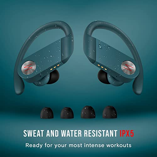 Symphonized Wireless Sports Earbuds - Water Resistant Bluetooth Headphones with Built-in Microphone, Earhooks and LED Charging Display, Blue