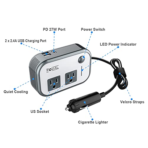 FOVAL 200W Car Power Inverter, DC 12V to AC 110V Car Inverter with [27W PD USB-C] & Dual USB Ports Multi-Protection Car Charger Power Inverter for Vehicles