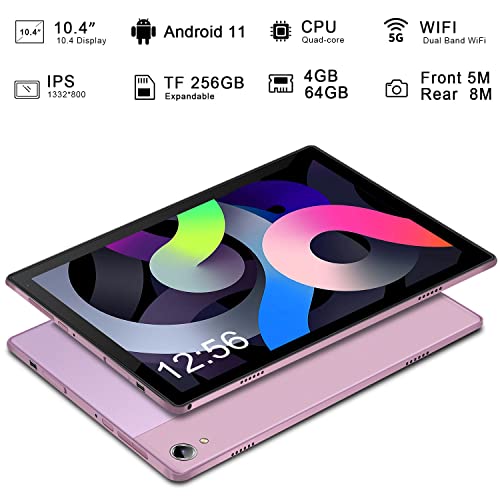 Tablet 10.4 inch Android 11 Tablet pc,4GB RAM 64GB ROM 256GB Expandable, Quad Core 6500mAh Battery, 1332x800 HD Tablets,10-Point Touch 2.5D G+G, 8MP+5MP Camera, Bluetooth, 5g WiFi Tablet (Pink)