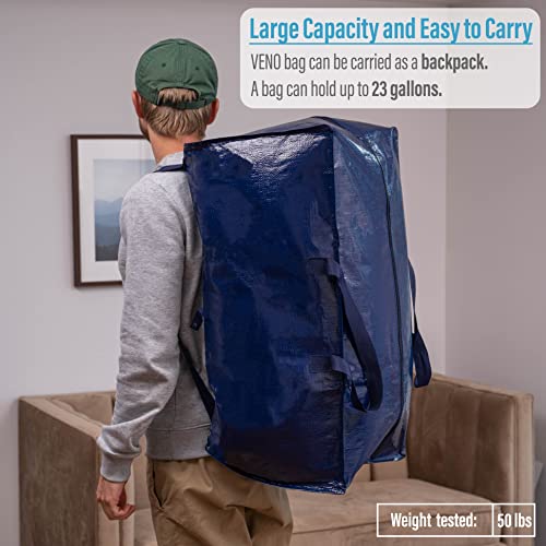 VENO Heavy Duty Extra Large Moving Bags W/ Backpack Straps Strong Handles & Zippers, Storage Totes For Space Saving, Fold Flat, Alternative to Moving Box, Made of Recycled Material (Blue - Set of 8)