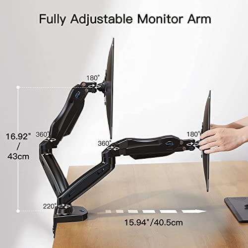 HUANUO Dual Monitor Stand, Adjustable Spring Monitor Desk Mount Swivel Vesa Bracket with C Clamp/Grommet Mounting Base for 17 to 27 Inch Computer Screens, Each Arm Holds 4.4 to 14.3lbs